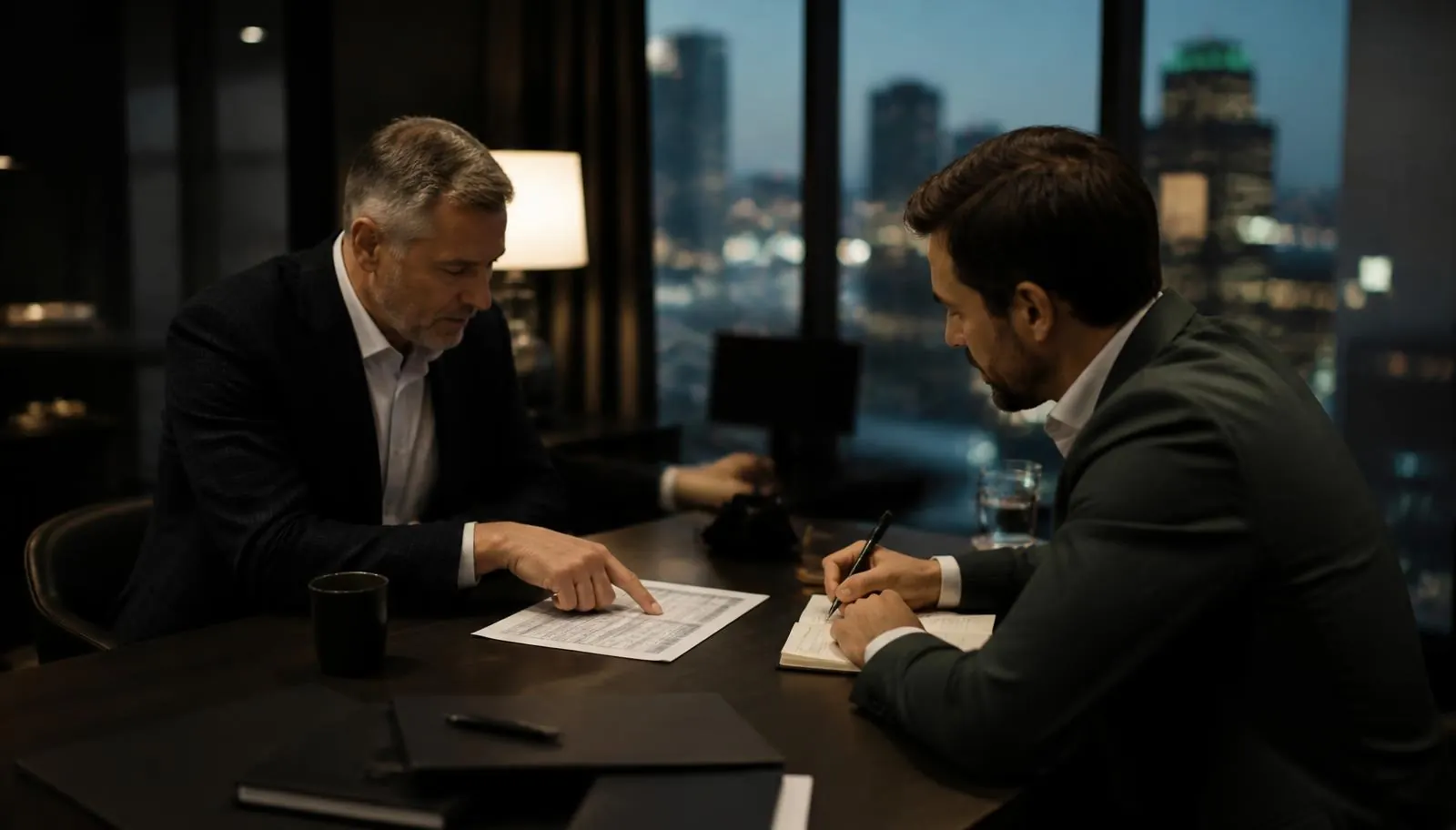 Two advisors reviewing Oregon cannabis financial documents together in a Portland advisory office at dusk