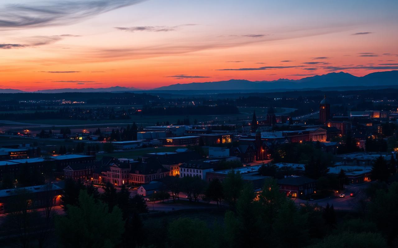 Albany Oregon downtown and Willamette Valley farmland at sunset