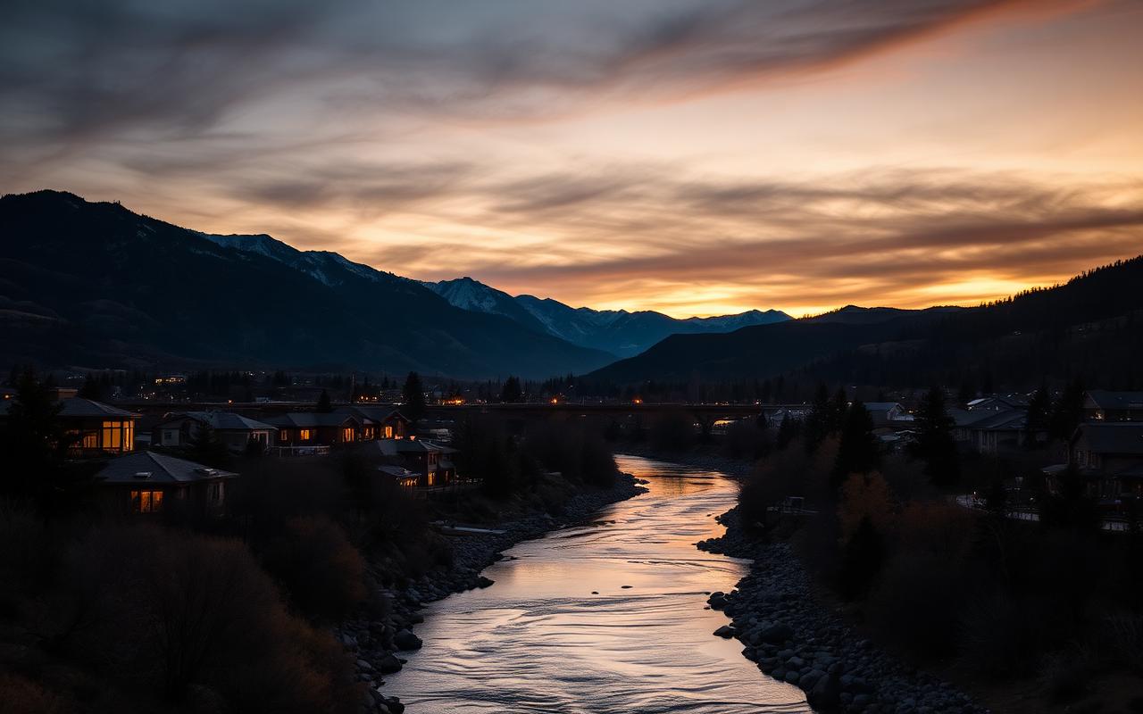 Bend Oregon with the Deschutes River and Cascade mountains at sunset