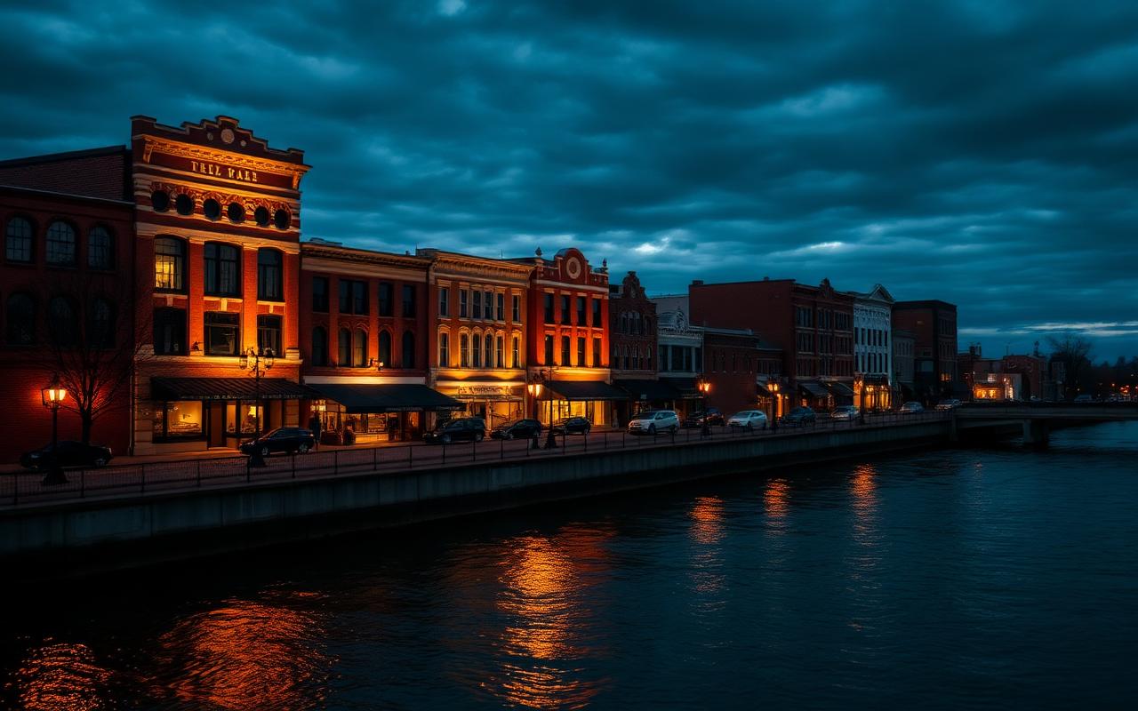 Historic downtown Corvallis Oregon along the Willamette River at dusk