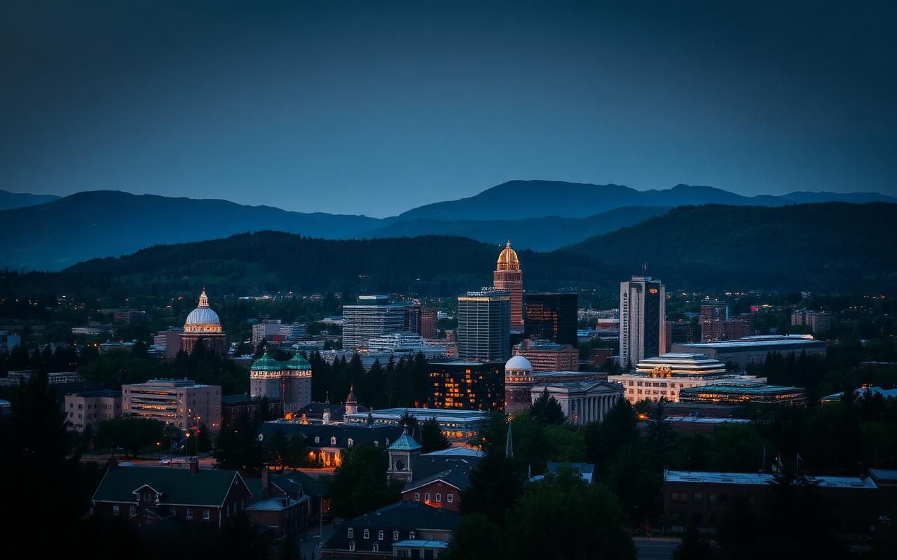 Downtown Eugene Oregon with the surrounding hills at dusk