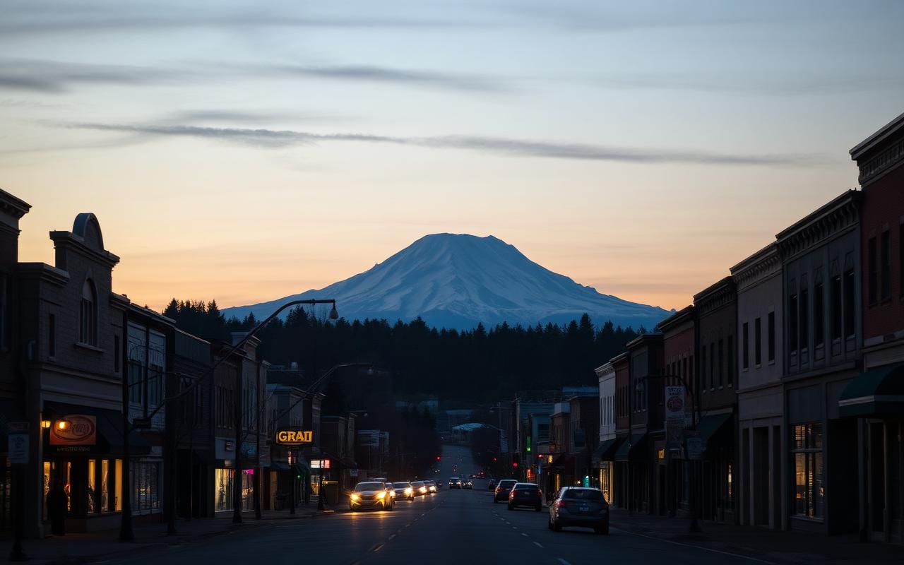 Gresham Oregon main street with Mount Hood in the distance