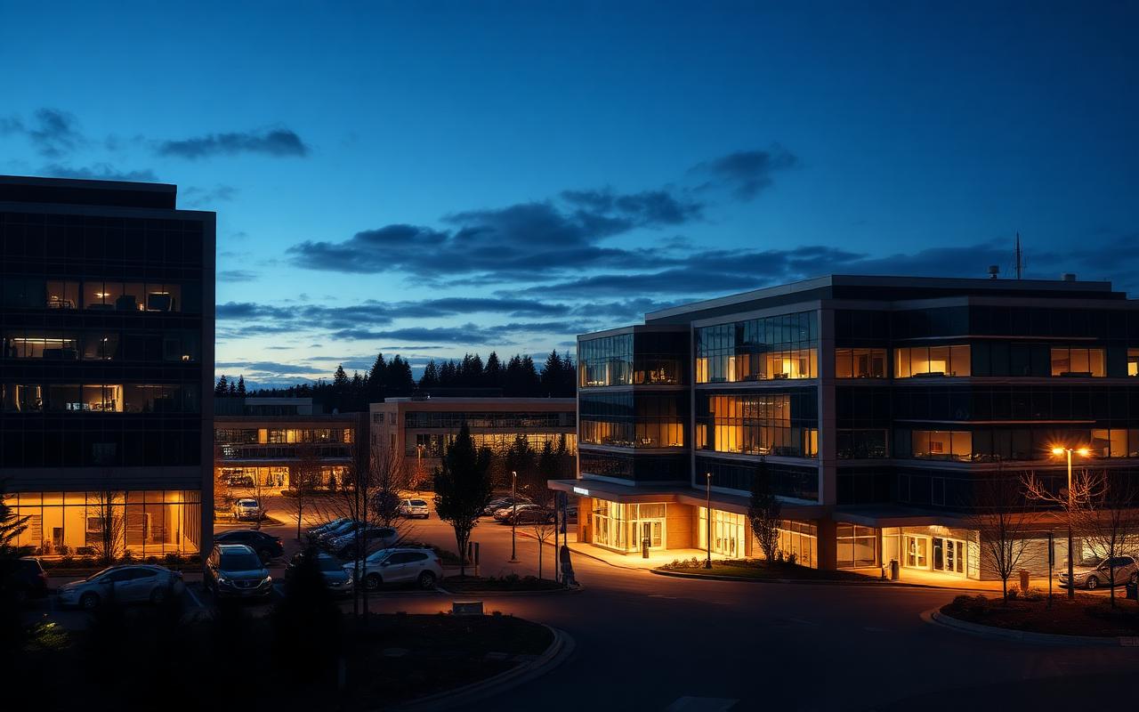 Hillsboro Oregon business park offices in the evening