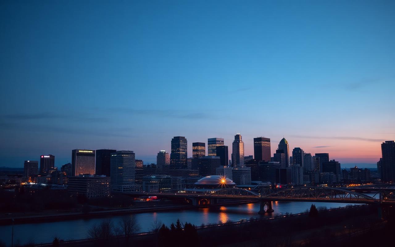 Portland Oregon downtown skyline and Willamette River bridges at dusk
