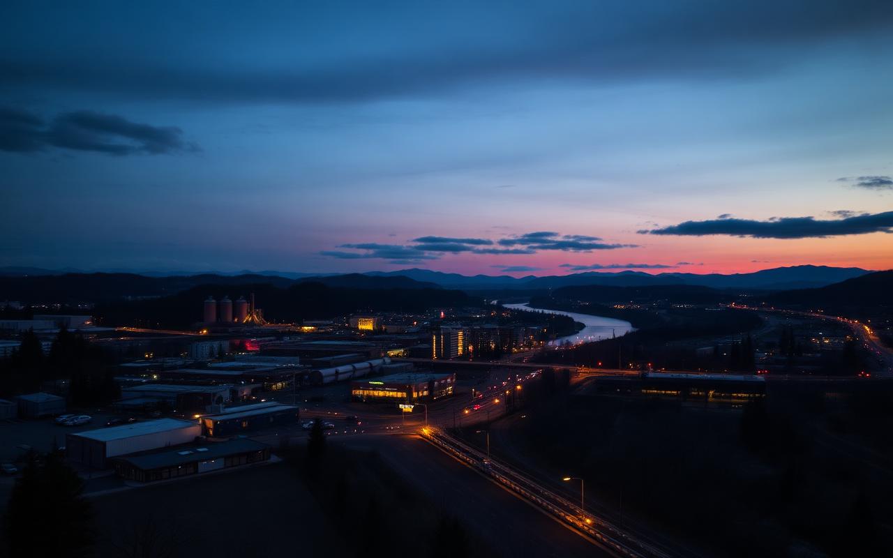 Springfield Oregon commercial and light industrial district at dusk