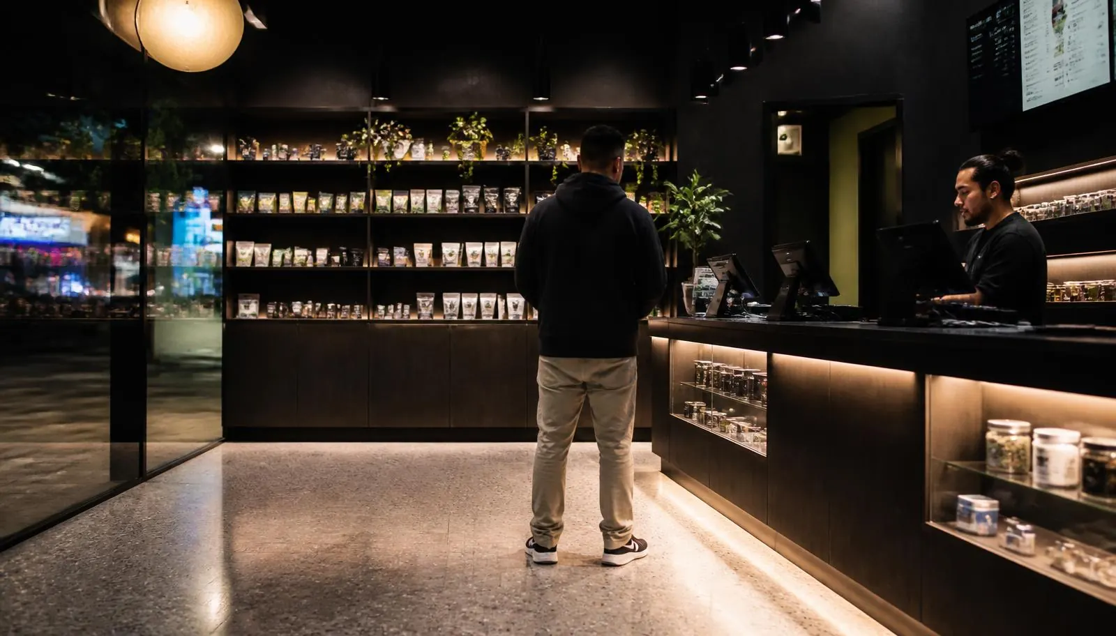 Interior of a licensed Oregon recreational cannabis dispensary with backlit product casework and a point-of-sale counter