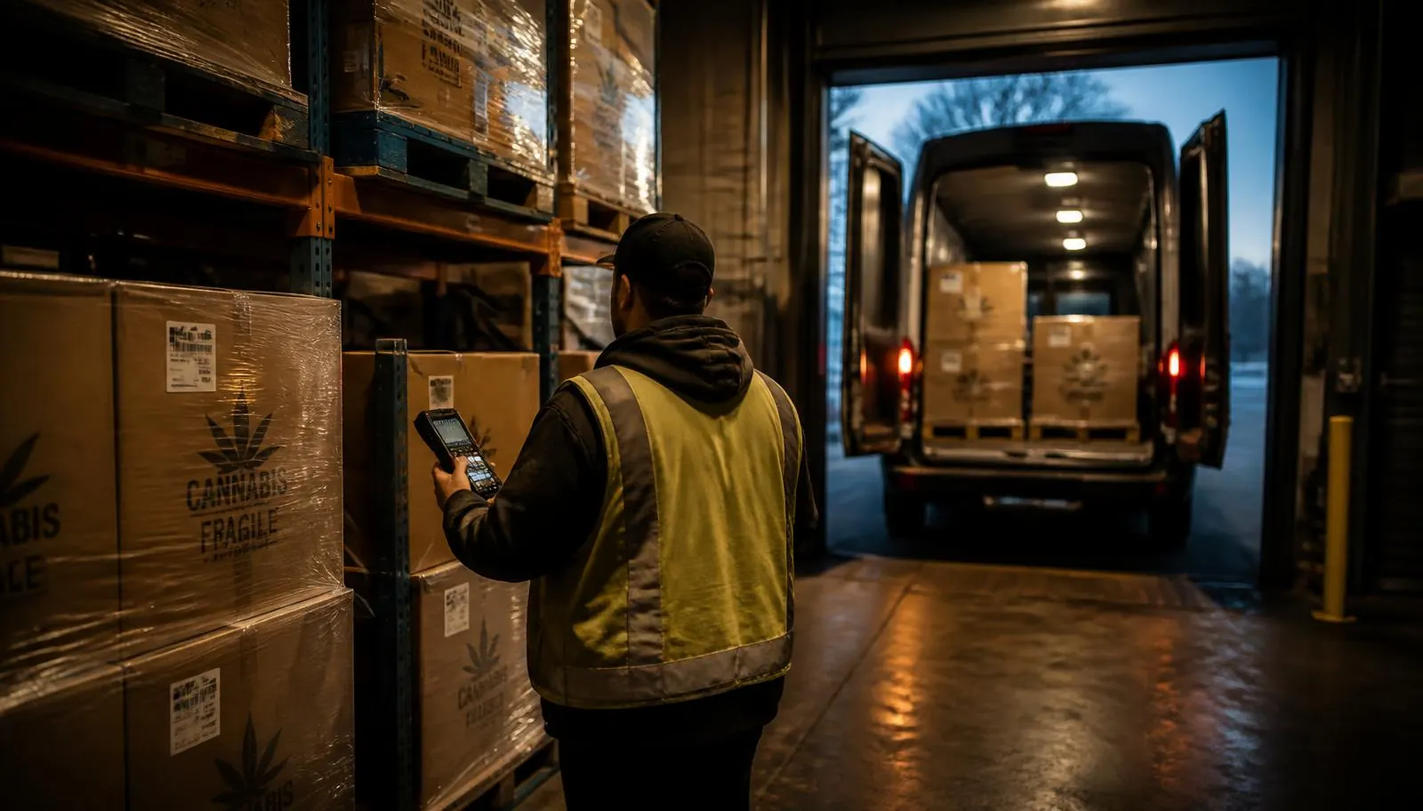 Oregon cannabis wholesale warehouse with secure racking, palletized inventory and a manifested delivery bay