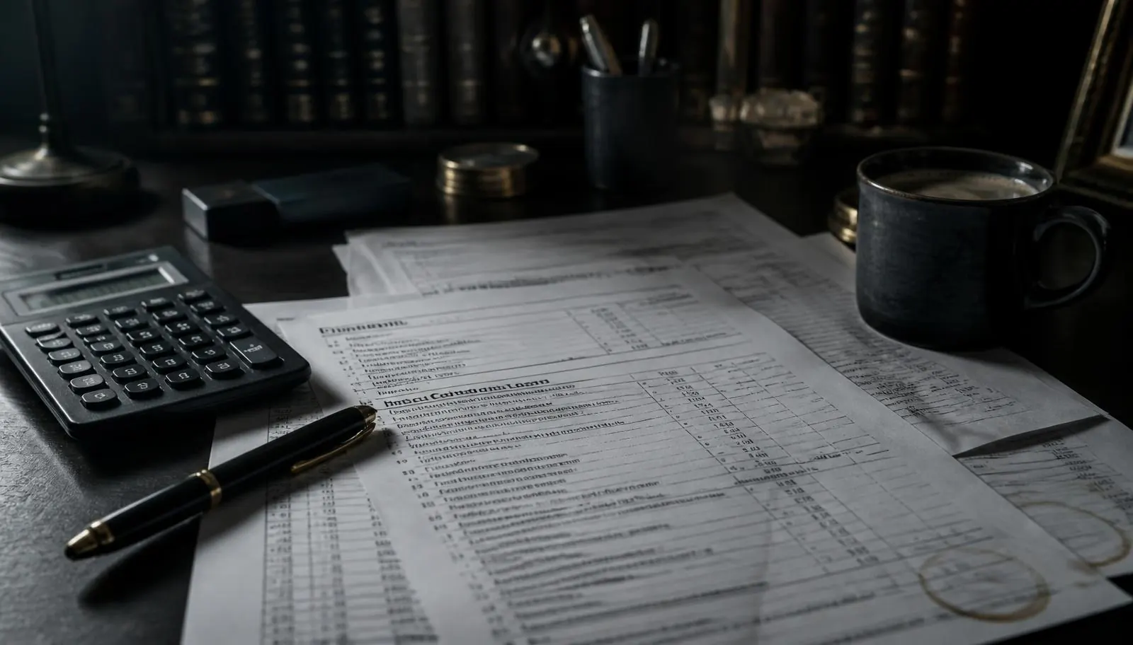 Printed Oregon cannabis financial statements, Section 280E cost schedules and a calculator on a dark desk