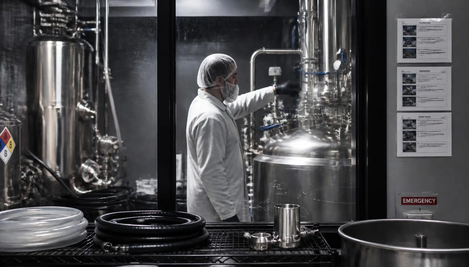 Oregon cannabis processing and extraction facility with stainless steel equipment behind clean-room glass